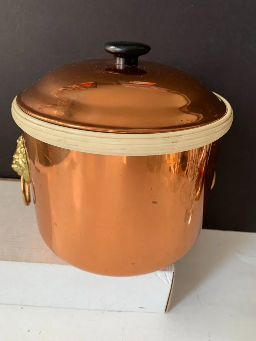 Vintage Coppercraft Guild Copper Ice Bucket w/Lid Brass Lion Head Handles USA